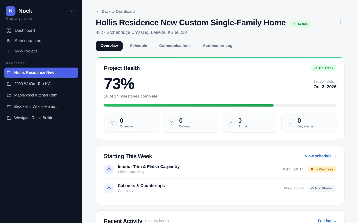 Nock project overview for a custom home build — project health, the week's milestones, recent activity, and the subs assigned to each trade